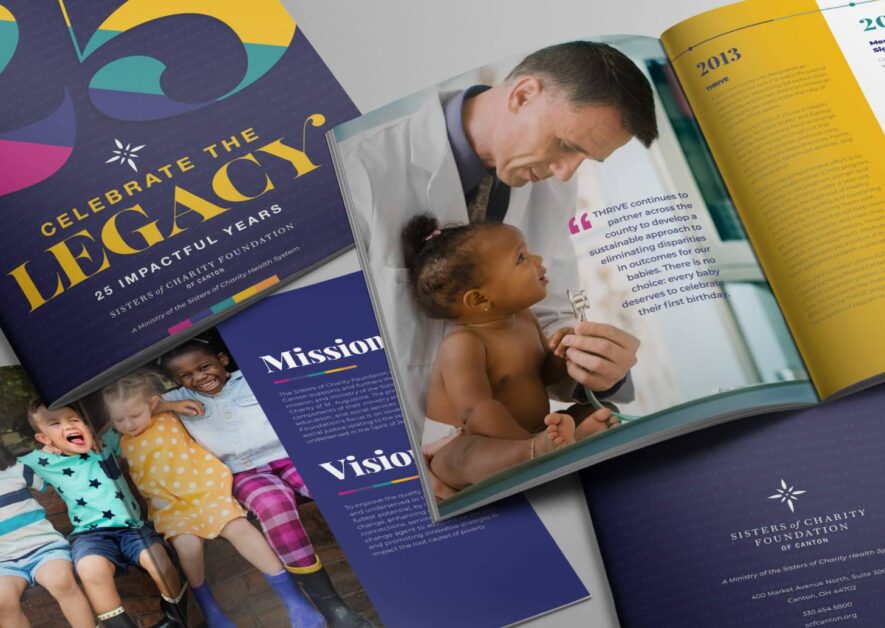 Sisters of Charity 25-year report cover and open pages