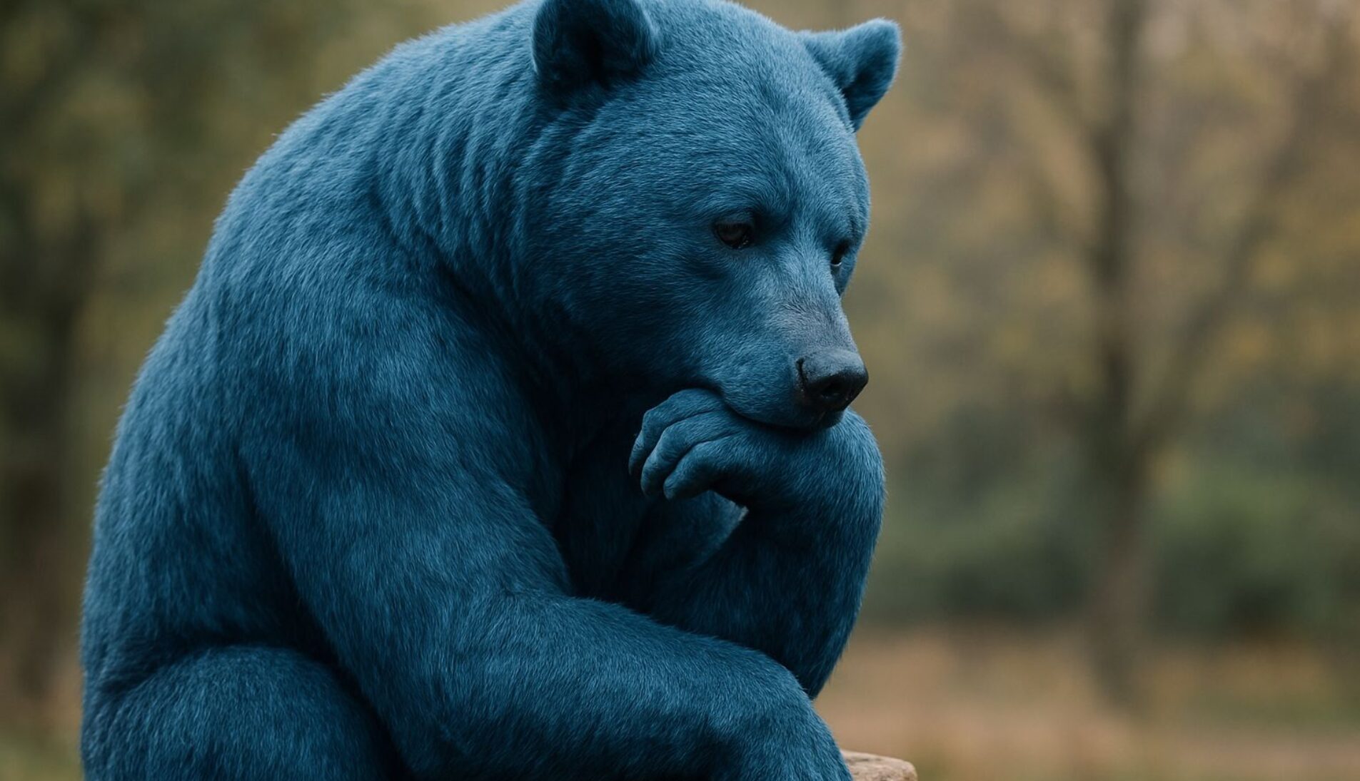 Blue bear in a thoughtful pose, symbolizing actionable marketing insight over raw data and generic AI output.